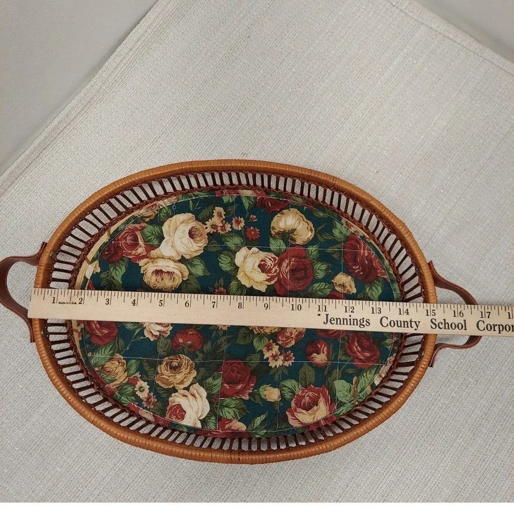 Vintage Oval Wicker Serving Tray Floral Quilted Liner Wood Base 16
